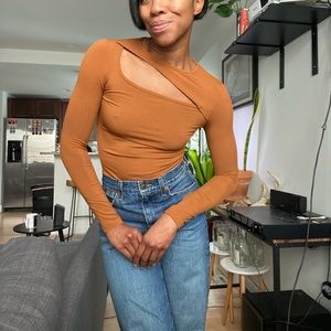 Brown Long Sleeve Cut Out Top